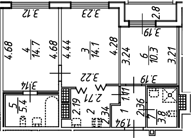 Планировка — Аэросити, 3-комн., 58 м²