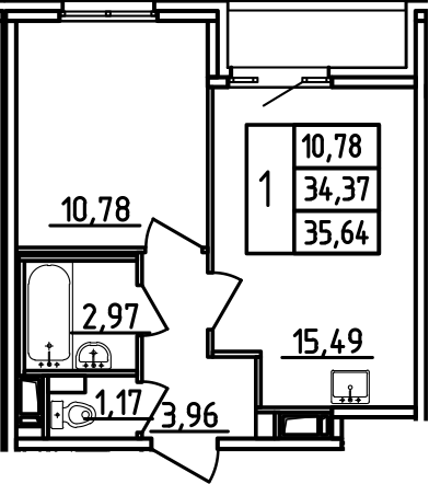 Планировка — Аэросити, 2-комн., 34 м²