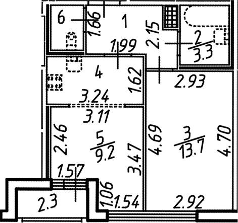 Планировка — Аэросити, 1-комн., 38 м²