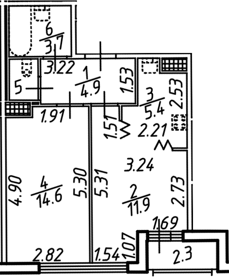 Планировка — Аэросити, 2-комн., 42 м²