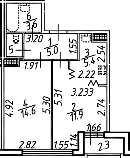 Планировка — Аэросити, 2-комн., 42 м²