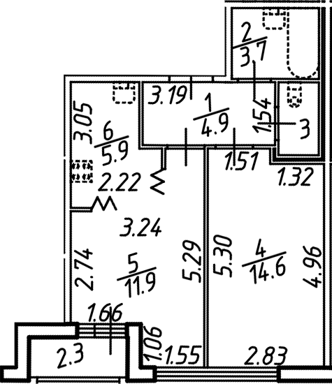 Планировка — Аэросити, 2-комн., 43 м²