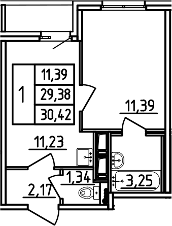 Планировка — Аэросити, 1-комн., 29 м²