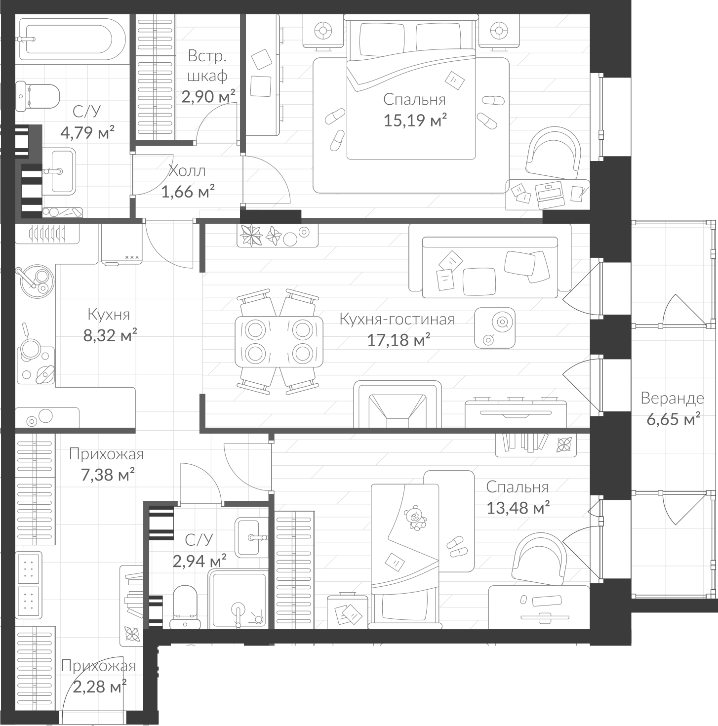 Планировка — VEREN VILLAGE Стрельна, 3-комн., 75 м²
