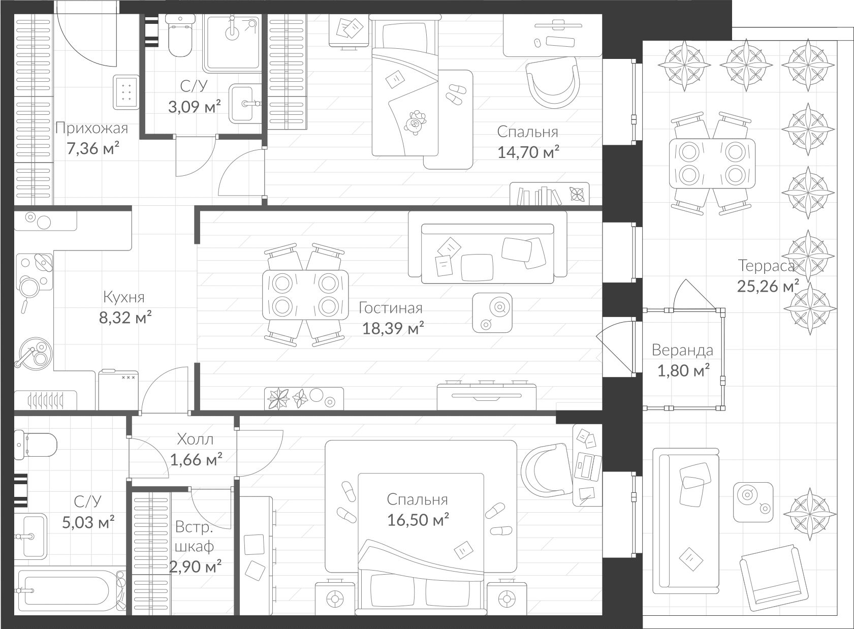 Планировка — VEREN VILLAGE Стрельна, 3-комн., 79 м²