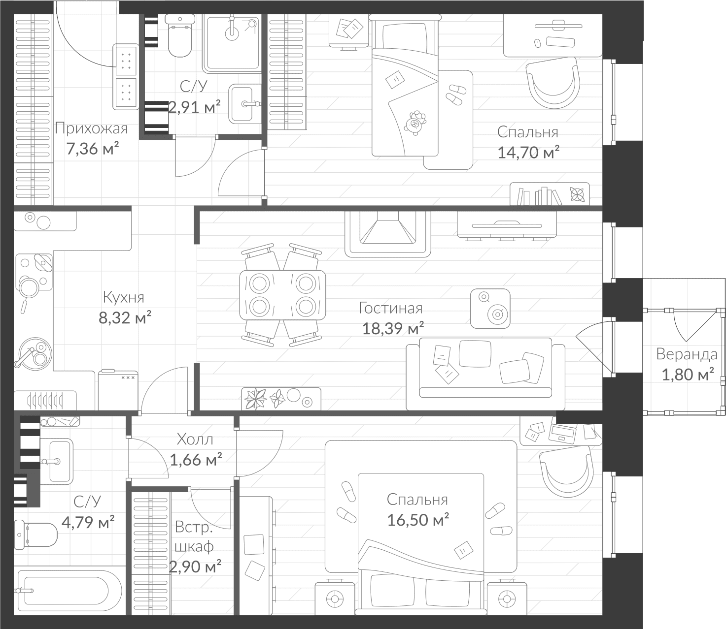 Планировка — VEREN VILLAGE Стрельна, 3-комн., 78 м²