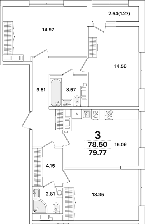Планировка — Академик, 3-комн., 79 м²