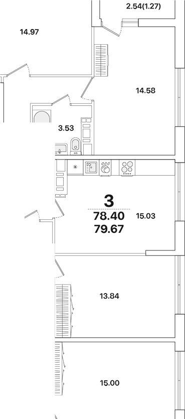 Планировка — Академик, 3-комн., 78 м²