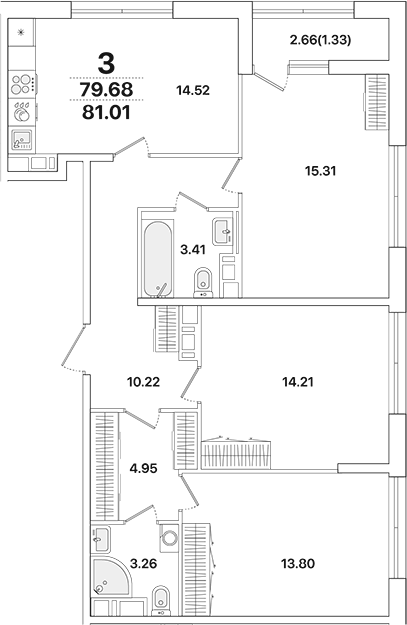 Планировка — Академик, 3-комн., 80 м²