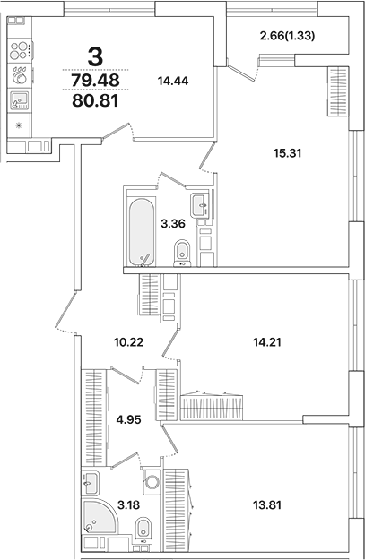 Планировка — Академик, 3-комн., 79 м²