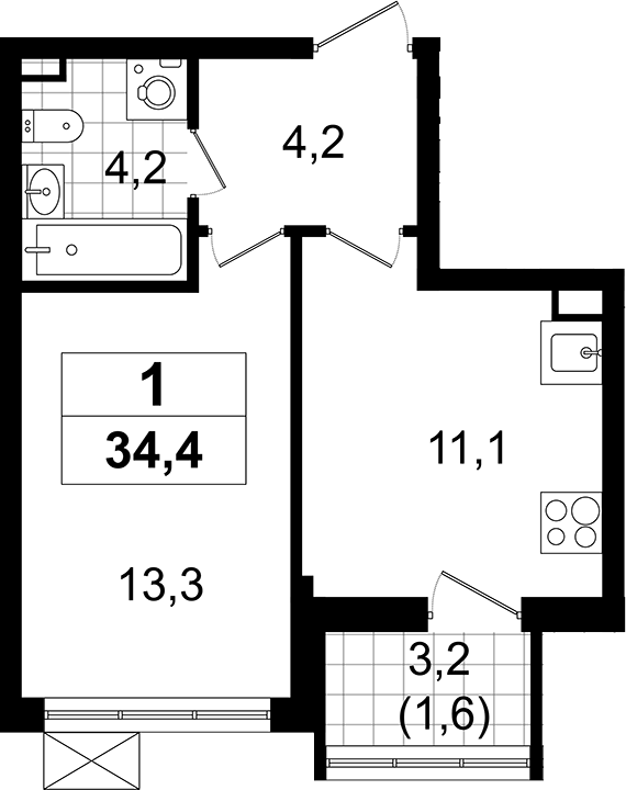 Планировка — А101 Всеволожск, 1-комн., 33 м²