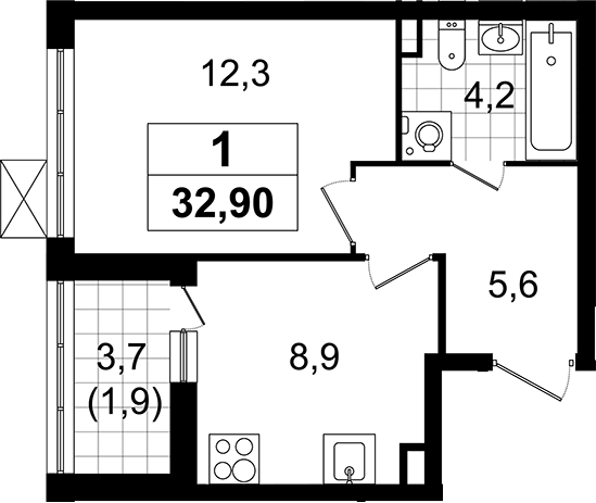 Планировка — А101 Всеволожск, 1-комн., 31 м²