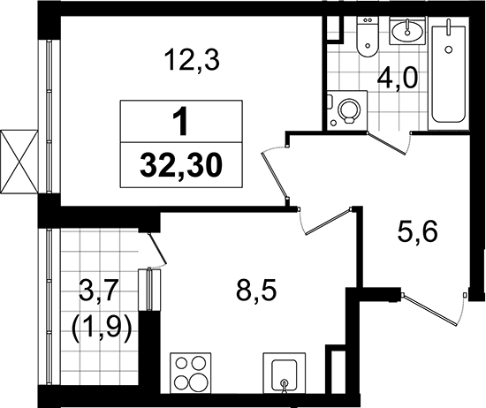 Планировка — А101 Всеволожск, 1-комн., 30 м²