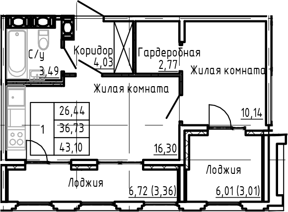 Планировка — SHEPILEVSKIY, 2-комн., 37 м²