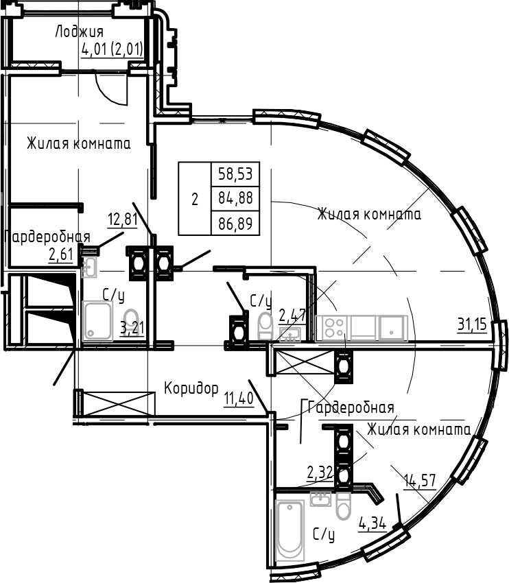 Планировка — SHEPILEVSKIY, 3-комн., 85 м²