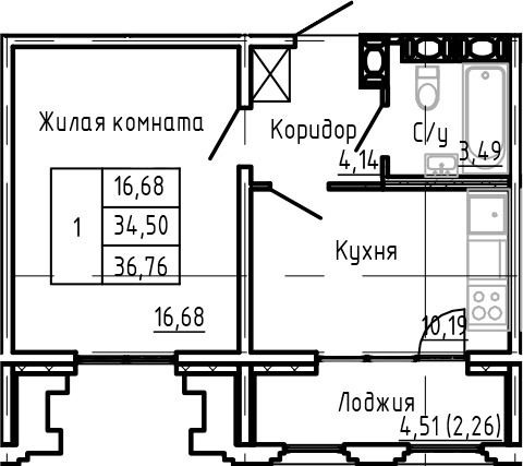 Планировка — SHEPILEVSKIY, 1-комн., 35 м²