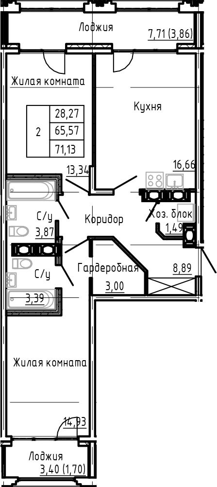 Планировка — SHEPILEVSKIY, 3-комн., 66 м²