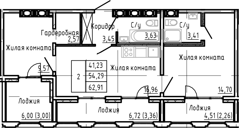 Планировка — SHEPILEVSKIY, 3-комн., 54 м²