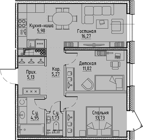 Планировка — Сампсониевский, 32, 3-комн., 65 м²