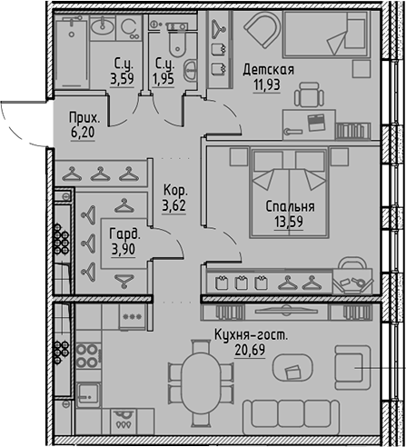 Планировка — Сампсониевский, 32, 3-комн., 65 м²