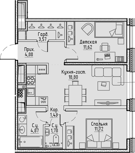 Планировка — Сампсониевский, 32, 3-комн., 59 м²