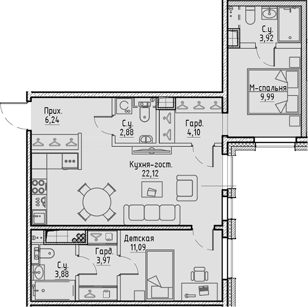 Планировка — Сампсониевский, 32, 3-комн., 68 м²