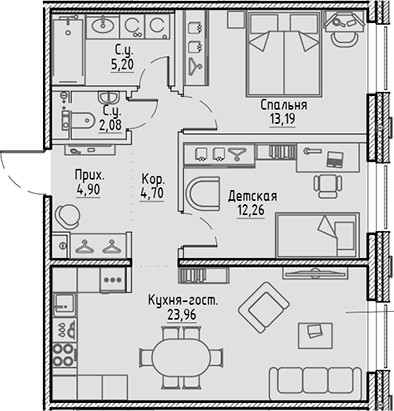 Планировка — Сампсониевский, 32, 3-комн., 66 м²