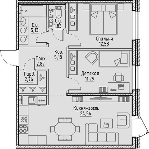 Планировка — Сампсониевский, 32, 3-комн., 67 м²