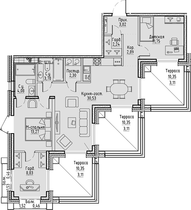 Планировка — Сампсониевский, 32, 4-комн., 83 м²