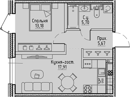 Планировка — Сампсониевский, 32, 2-комн., 42 м²