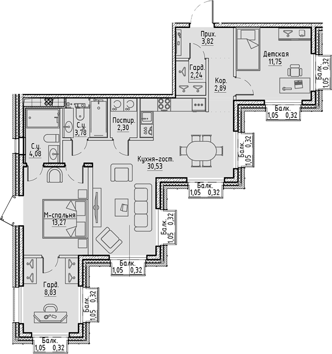 Планировка — Сампсониевский, 32, 4-комн., 83 м²