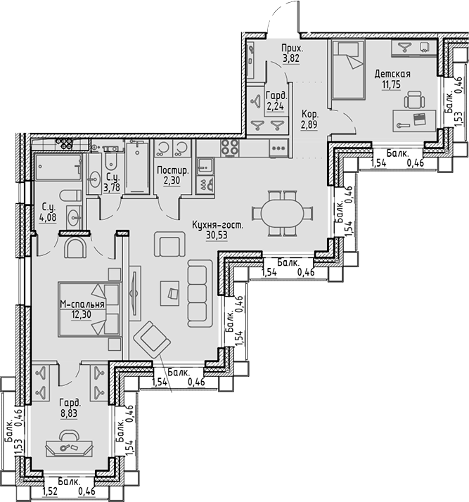 Планировка — Сампсониевский, 32, 4-комн., 83 м²