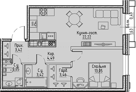 Планировка — Сампсониевский, 32, 2-комн., 53 м²