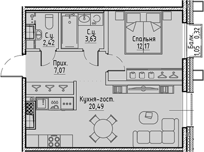 Планировка — Сампсониевский, 32, 2-комн., 46 м²