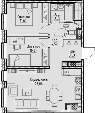 Планировка — Сампсониевский, 32, 3-комн., 61 м²