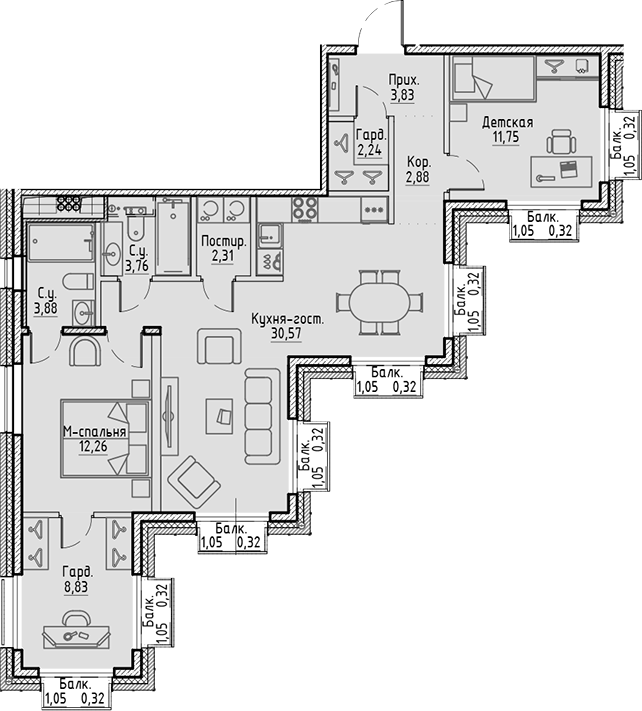 Планировка — Сампсониевский, 32, 4-комн., 82 м²