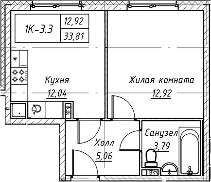 Планировка — Зум на Неве, 1-комн., 34 м²