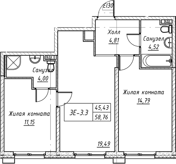 Планировка — Зум на Неве, 3-комн., 59 м²