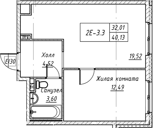Планировка — Зум на Неве, 2-комн., 40 м²
