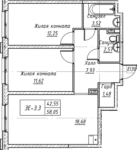 Планировка — Зум на Неве, 3-комн., 58 м²