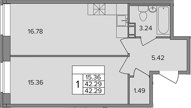 Планировка — Капральский, 1-комн., 42 м²