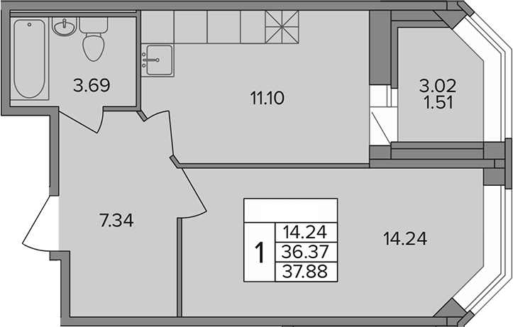 Планировка — Капральский, 1-комн., 36 м²