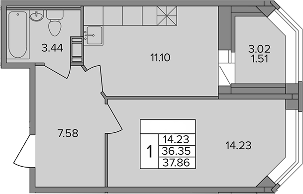 Планировка — Капральский, 1-комн., 36 м²