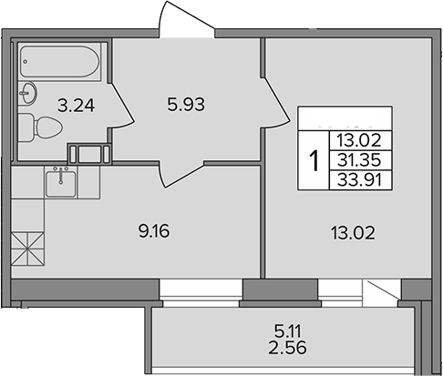 Планировка — Капральский, 1-комн., 31 м²