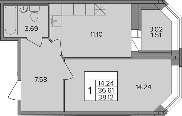 Планировка — Капральский, 1-комн., 37 м²