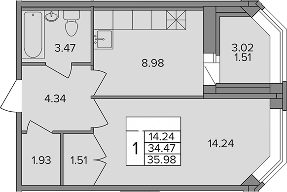 Планировка — Капральский, 1-комн., 34 м²