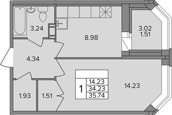Планировка — Капральский, 1-комн., 34 м²