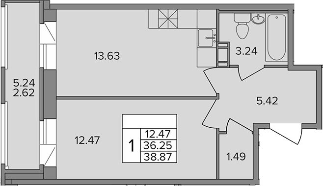 Планировка — Капральский, 1-комн., 36 м²