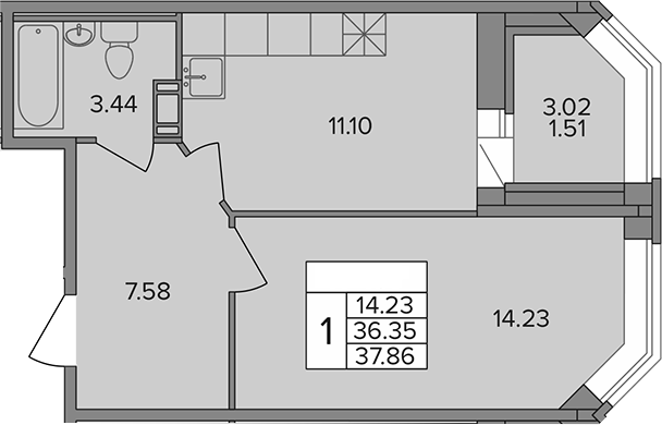 Планировка — Капральский, 1-комн., 36 м²