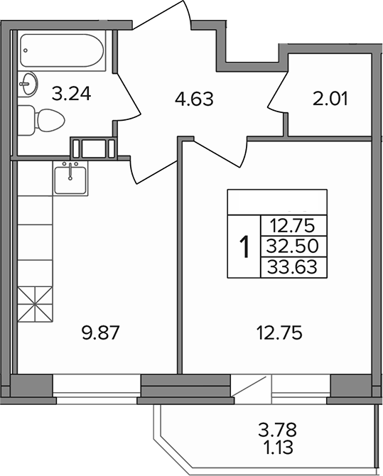Планировка — Капральский, 1-комн., 33 м²